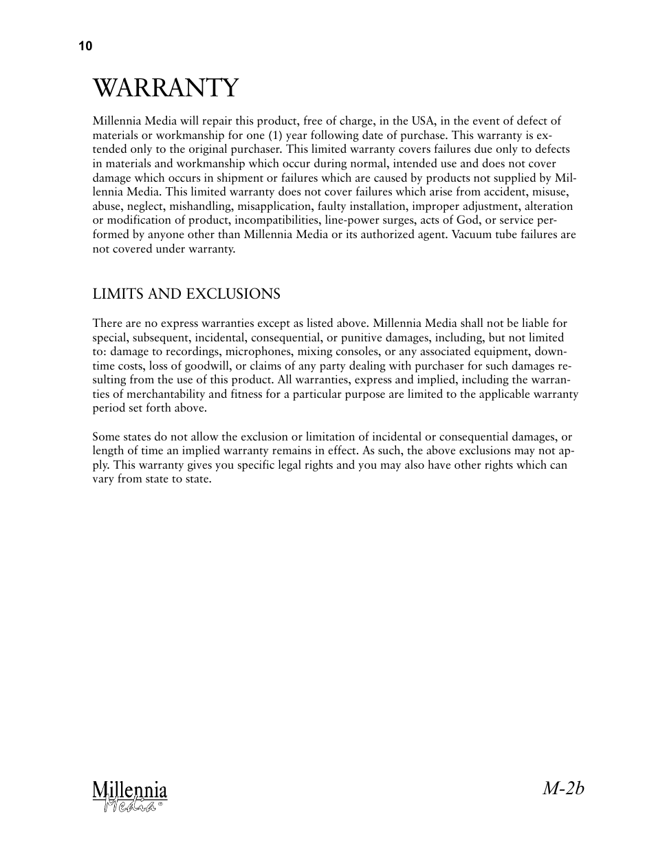 Warranty, M-2b | Millennia M-2B Transformerless Vacuum Tube Stereo Microphone Preamplifier User Manual | Page 10 / 11