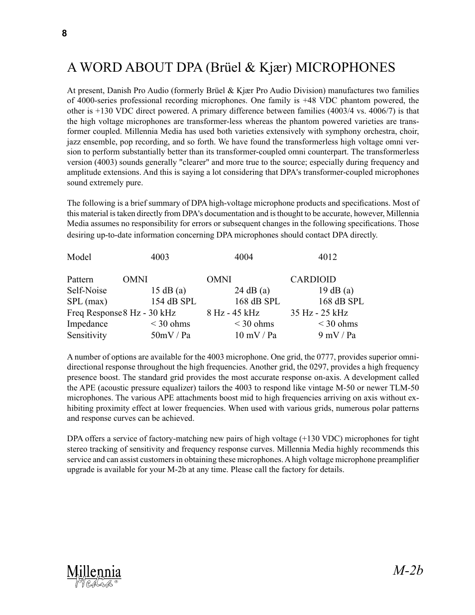 M-2b, A word about dpa (brüel & kjær) microphones | Millennia M-2B Transformerless Vacuum Tube Stereo Microphone Preamplifier User Manual | Page 8 / 11