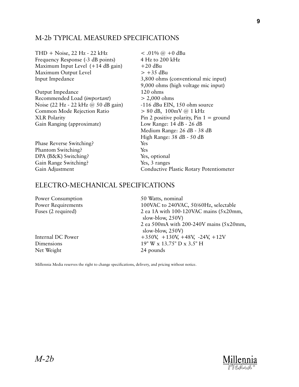 M-2b, M-2b typical measured specifications, Electro-mechanical specifications | Millennia M-2B Transformerless Vacuum Tube Stereo Microphone Preamplifier User Manual | Page 9 / 11