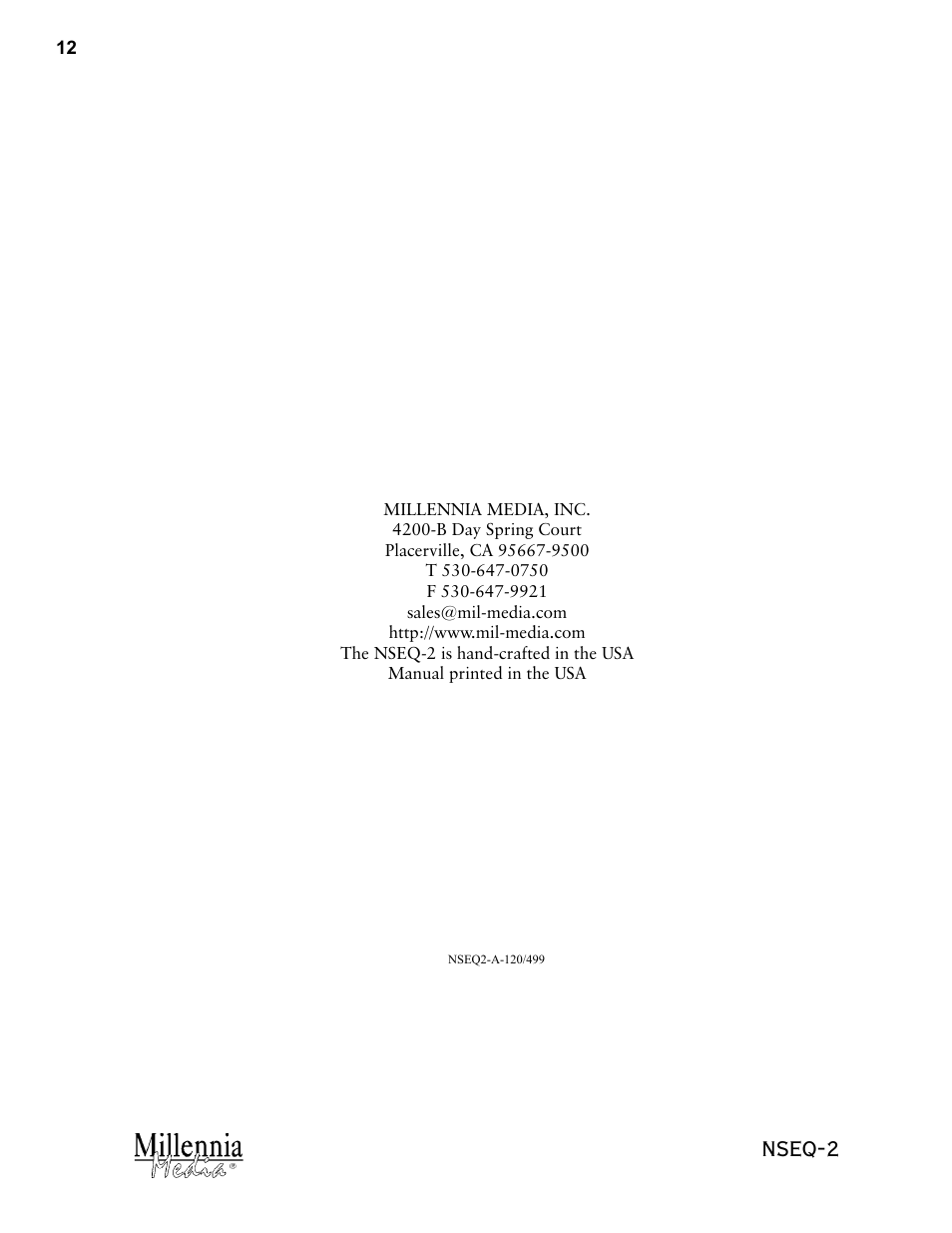 Nseq-2 | Millennia NSEQ-2 Twin Topology Stereo Parametric Equalizer User Manual | Page 12 / 12