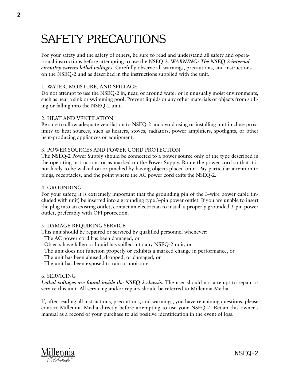 Safety precautions, Nseq-2 | Millennia NSEQ-2 Twin Topology Stereo Parametric Equalizer User Manual | Page 2 / 12