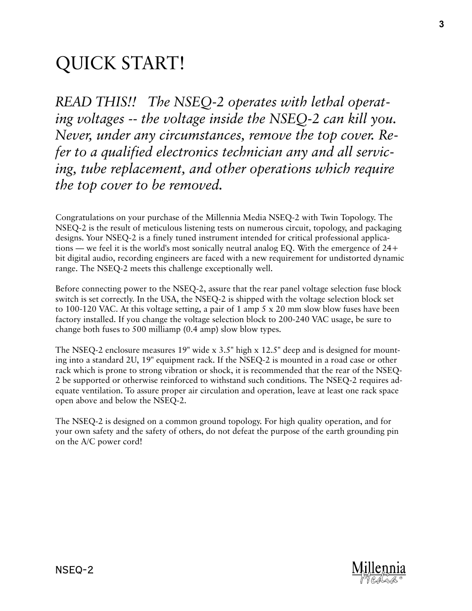 Quick start, Nseq-2 | Millennia NSEQ-2 Twin Topology Stereo Parametric Equalizer User Manual | Page 3 / 12