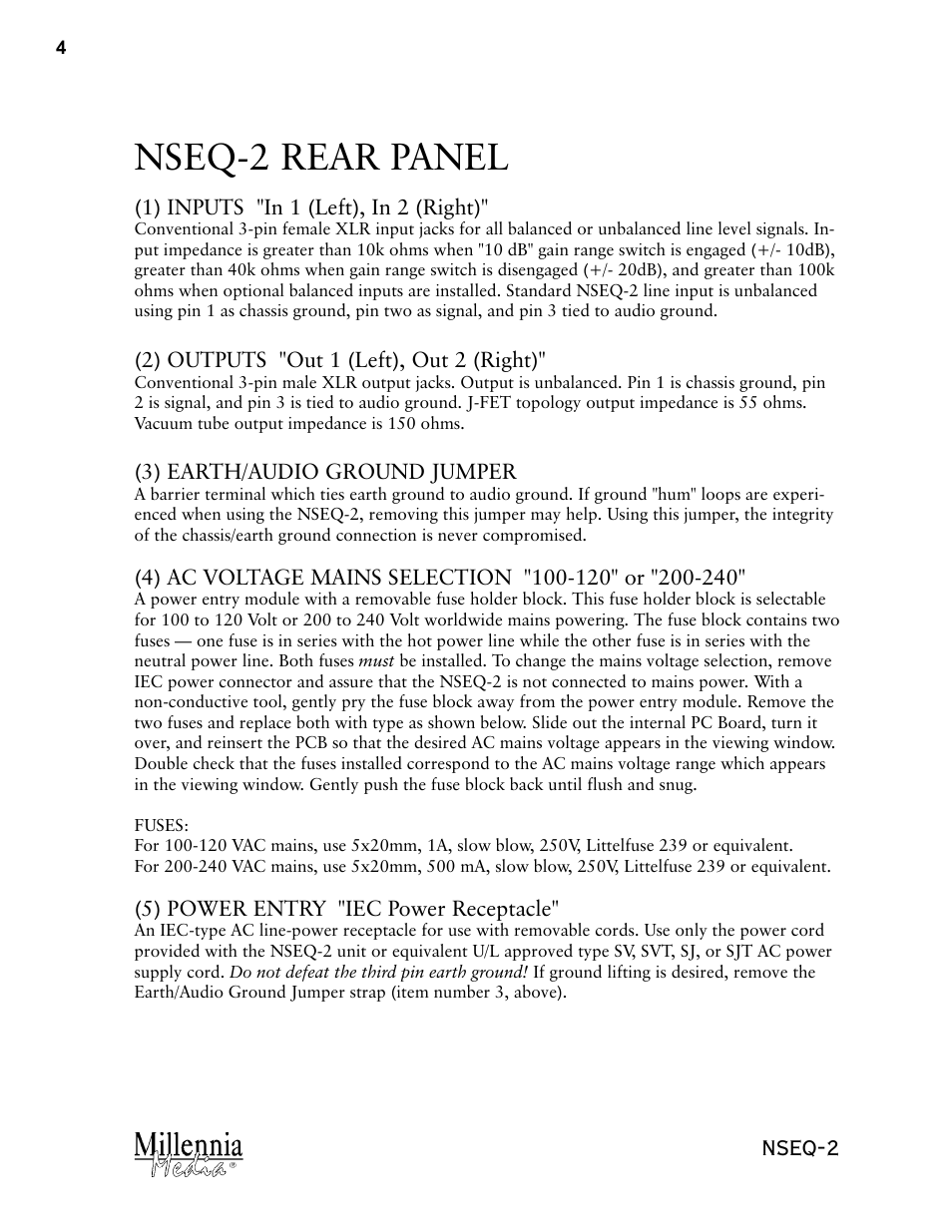 Nseq-2 rear panel, Nseq-2 | Millennia NSEQ-2 Twin Topology Stereo Parametric Equalizer User Manual | Page 4 / 12