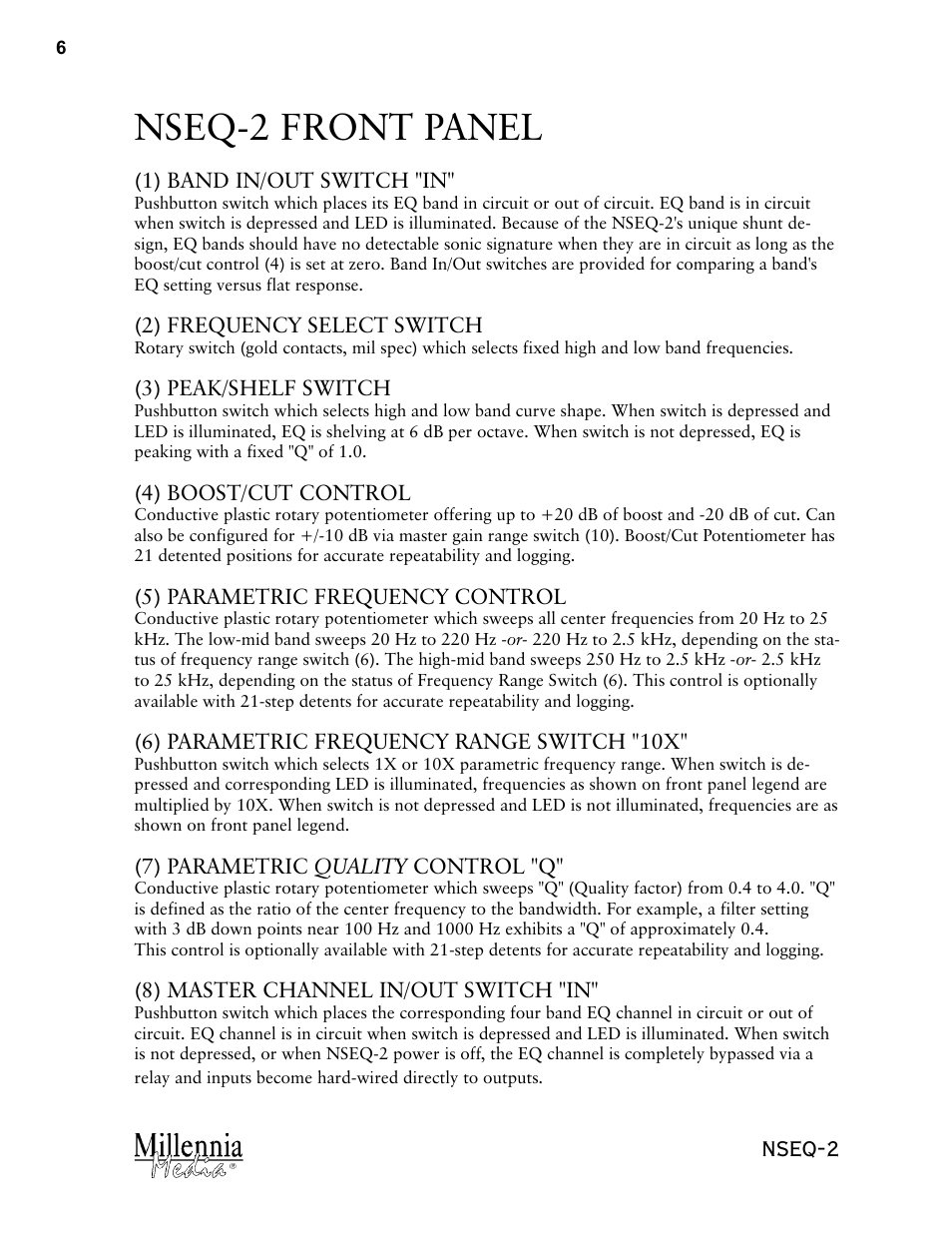 Nseq-2 front panel, Nseq-2 | Millennia NSEQ-2 Twin Topology Stereo Parametric Equalizer User Manual | Page 6 / 12