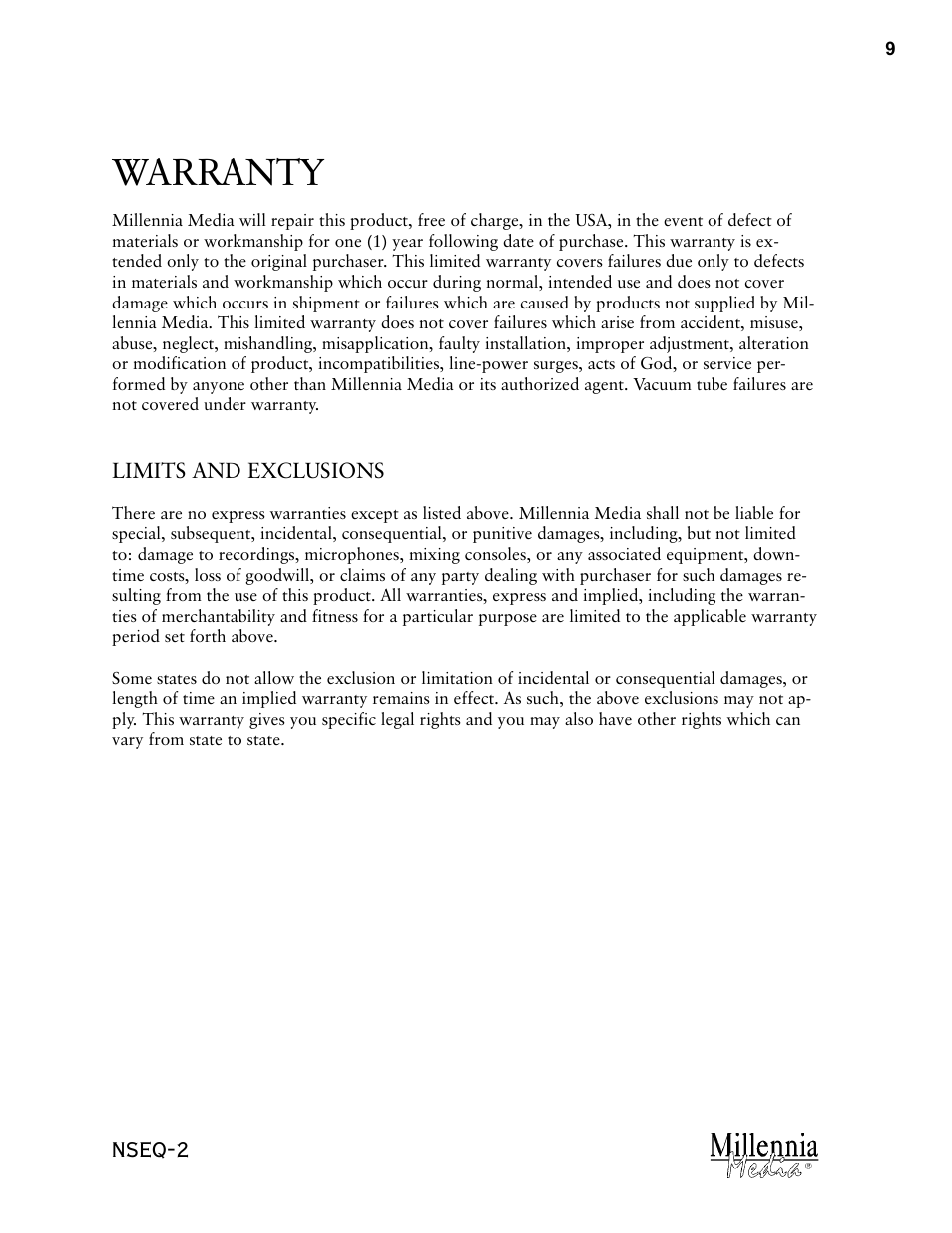 Warranty, Nseq-2 | Millennia NSEQ-2 Twin Topology Stereo Parametric Equalizer User Manual | Page 9 / 12