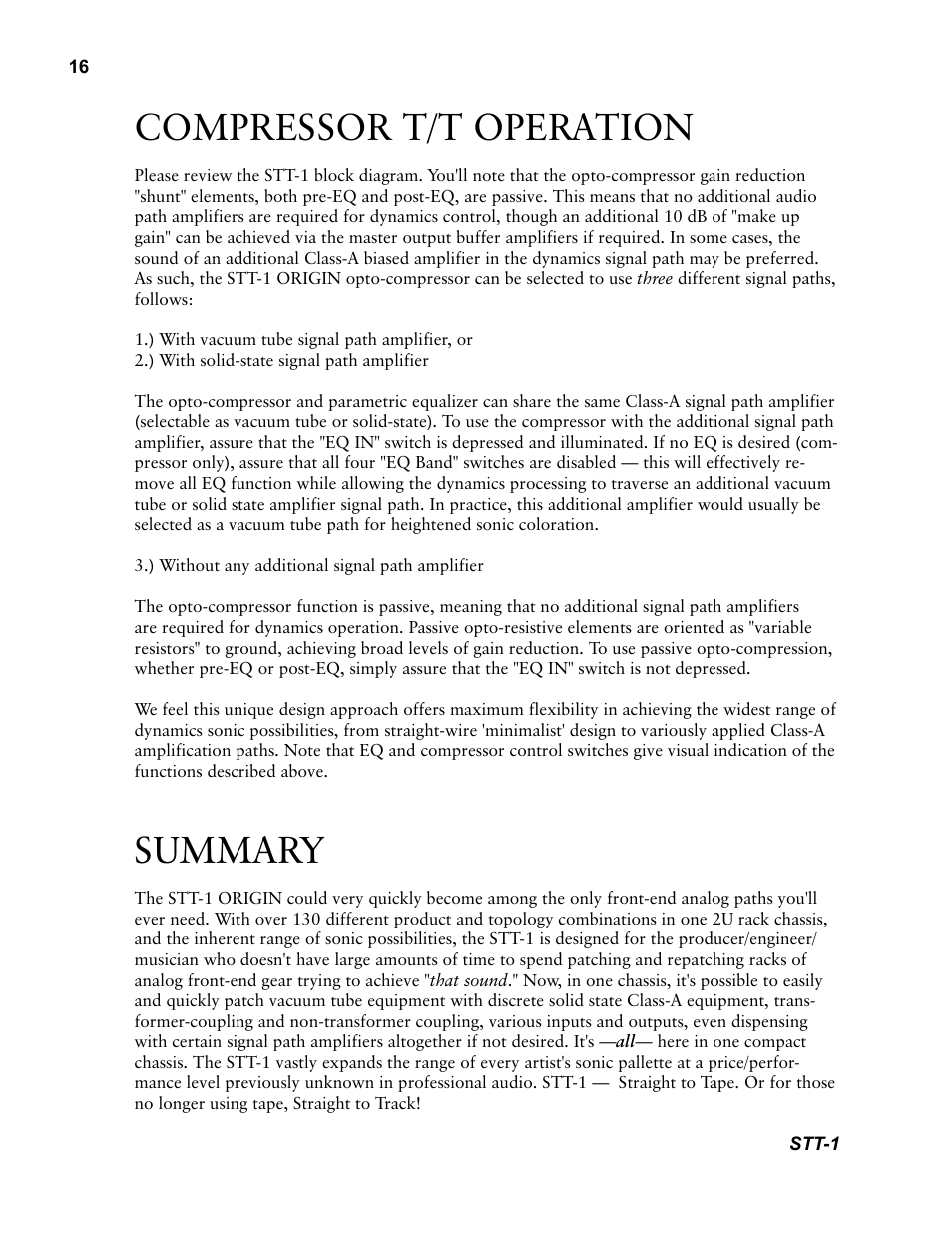 Compressor t/t operation, Summary | Millennia STT-1 Twin Topology Recording Channel User Manual | Page 16 / 20