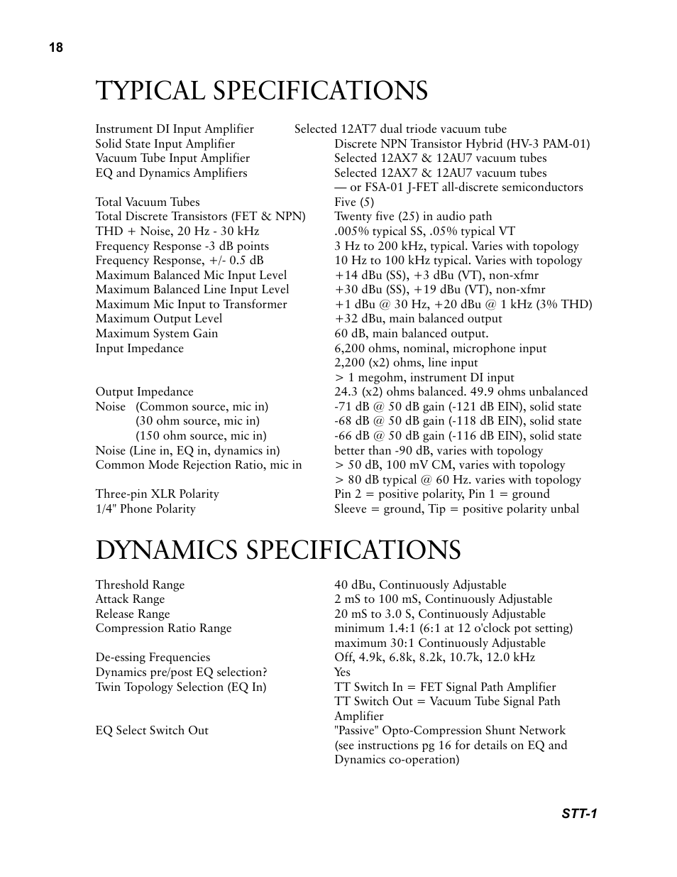 Typical specifications, Dynamics specifications | Millennia STT-1 Twin Topology Recording Channel User Manual | Page 18 / 20