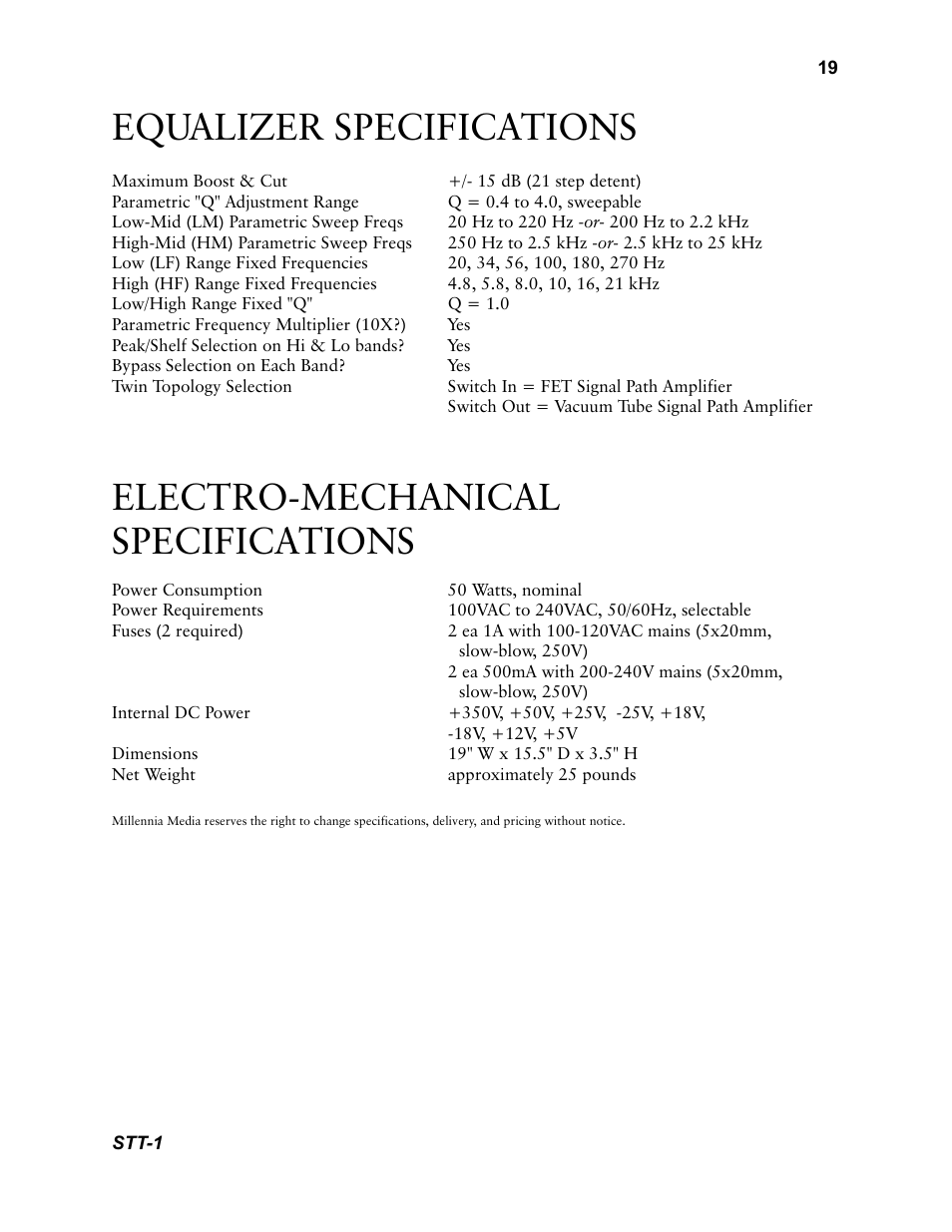 Equalizer specifications, Electro-mechanical specifications | Millennia STT-1 Twin Topology Recording Channel User Manual | Page 19 / 20