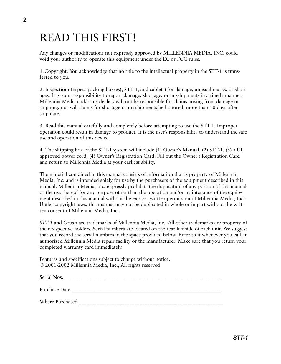Read this first | Millennia STT-1 Twin Topology Recording Channel User Manual | Page 2 / 20