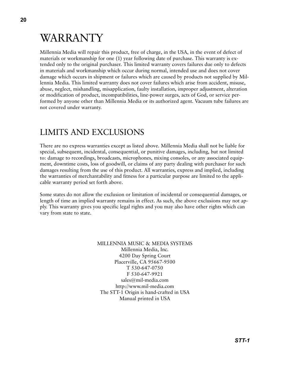 Warranty, Limits and exclusions | Millennia STT-1 Twin Topology Recording Channel User Manual | Page 20 / 20