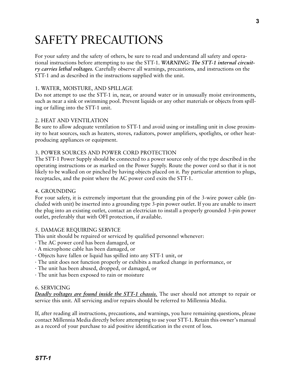Safety precautions | Millennia STT-1 Twin Topology Recording Channel User Manual | Page 3 / 20