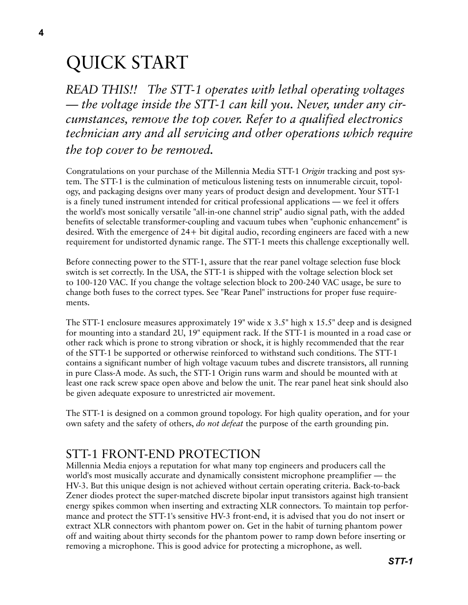 Quick start, Stt-1 front-end protection | Millennia STT-1 Twin Topology Recording Channel User Manual | Page 4 / 20