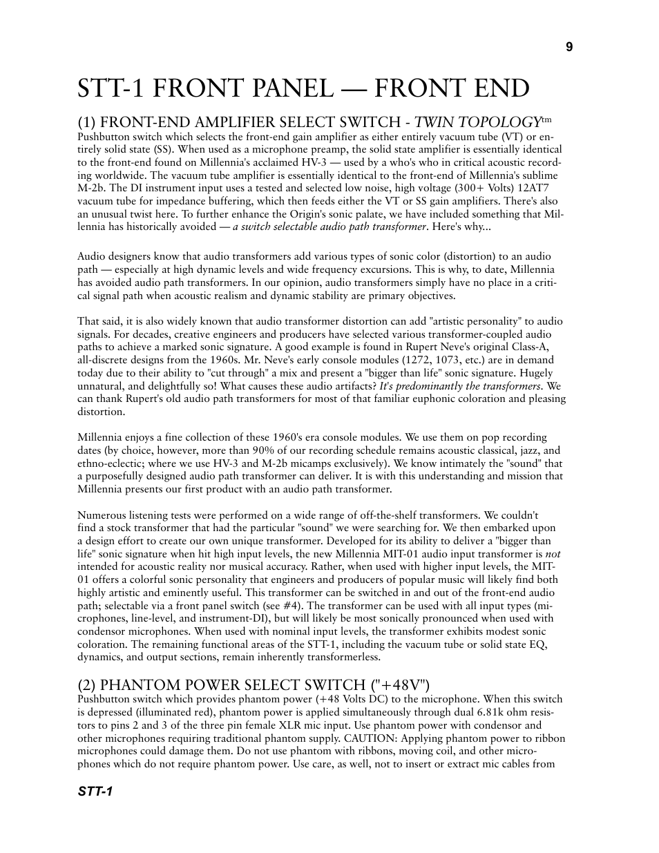 Stt-1 front panel — front end, 2) phantom power select switch ("+48v") | Millennia STT-1 Twin Topology Recording Channel User Manual | Page 9 / 20