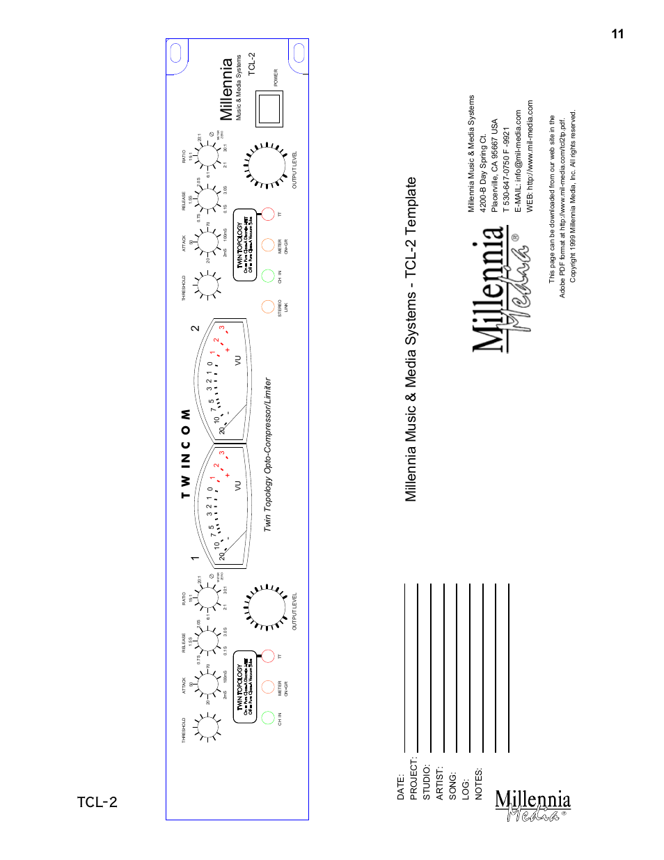 Tcl-2, Millennia, Millennia music & media systems - tcl-2 template | Tw in c o m, Twin topology opto-compressor/limiter | Millennia TCL-2 Twin Topology Stereo Compressor / Limiter User Manual | Page 11 / 12