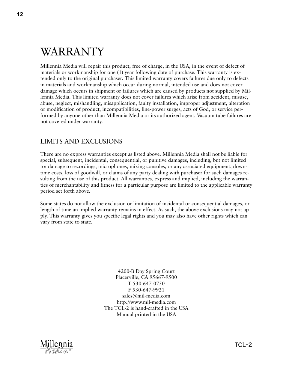 Warranty, Tcl-2 | Millennia TCL-2 Twin Topology Stereo Compressor / Limiter User Manual | Page 12 / 12
