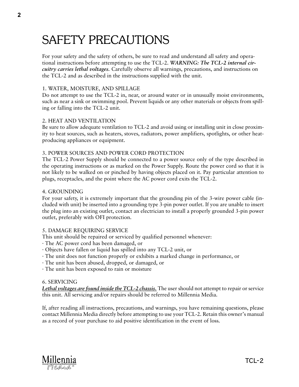 Safety precautions, Tcl-2 | Millennia TCL-2 Twin Topology Stereo Compressor / Limiter User Manual | Page 2 / 12