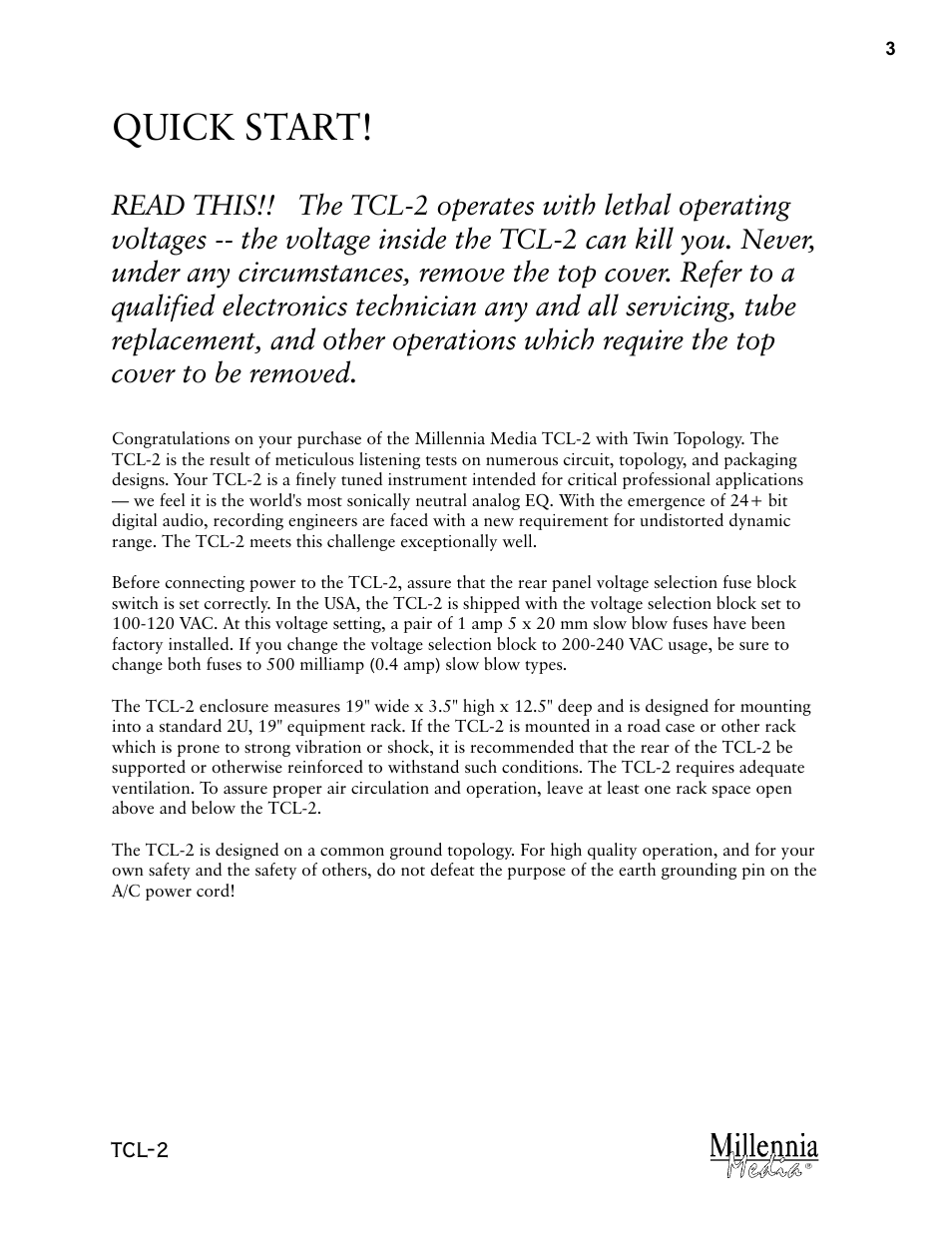 Quick start, Tcl-2 | Millennia TCL-2 Twin Topology Stereo Compressor / Limiter User Manual | Page 3 / 12