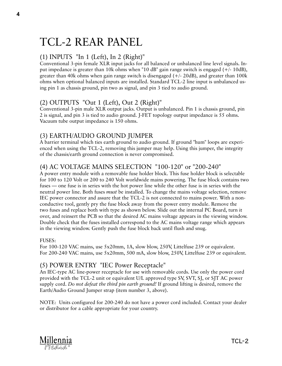 Tcl-2 rear panel, Tcl-2 | Millennia TCL-2 Twin Topology Stereo Compressor / Limiter User Manual | Page 4 / 12