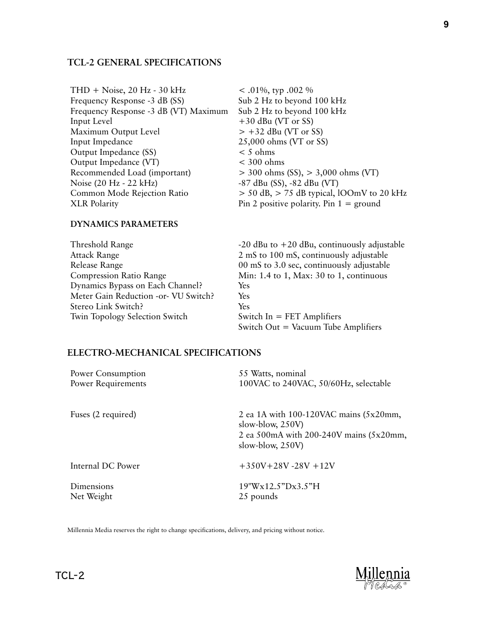 Tcl-2 | Millennia TCL-2 Twin Topology Stereo Compressor / Limiter User Manual | Page 9 / 12