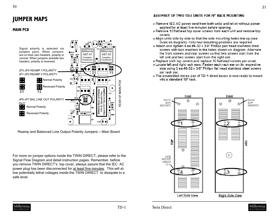 Jumper maps, Twin direct, Main pcb | Millennia TD-1 Twin Topology Half Rack Recording Channel User Manual | Page 16 / 19