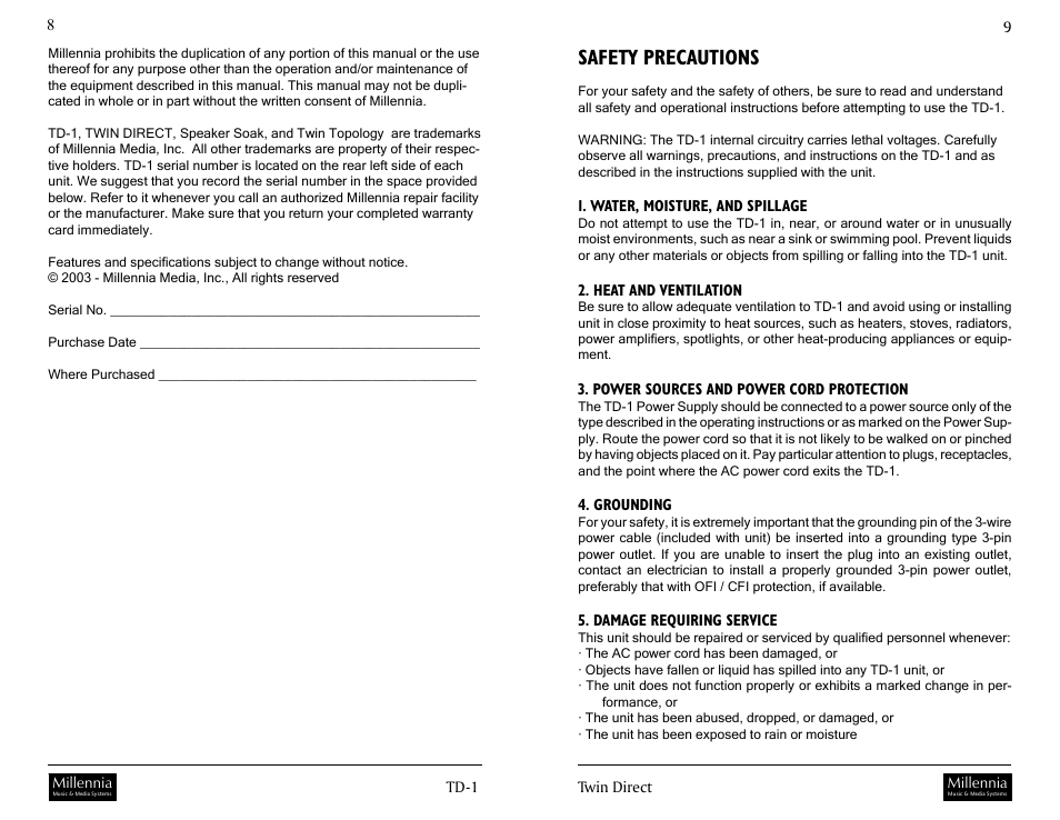 Safety precautions | Millennia TD-1 Twin Topology Half Rack Recording Channel User Manual | Page 5 / 19