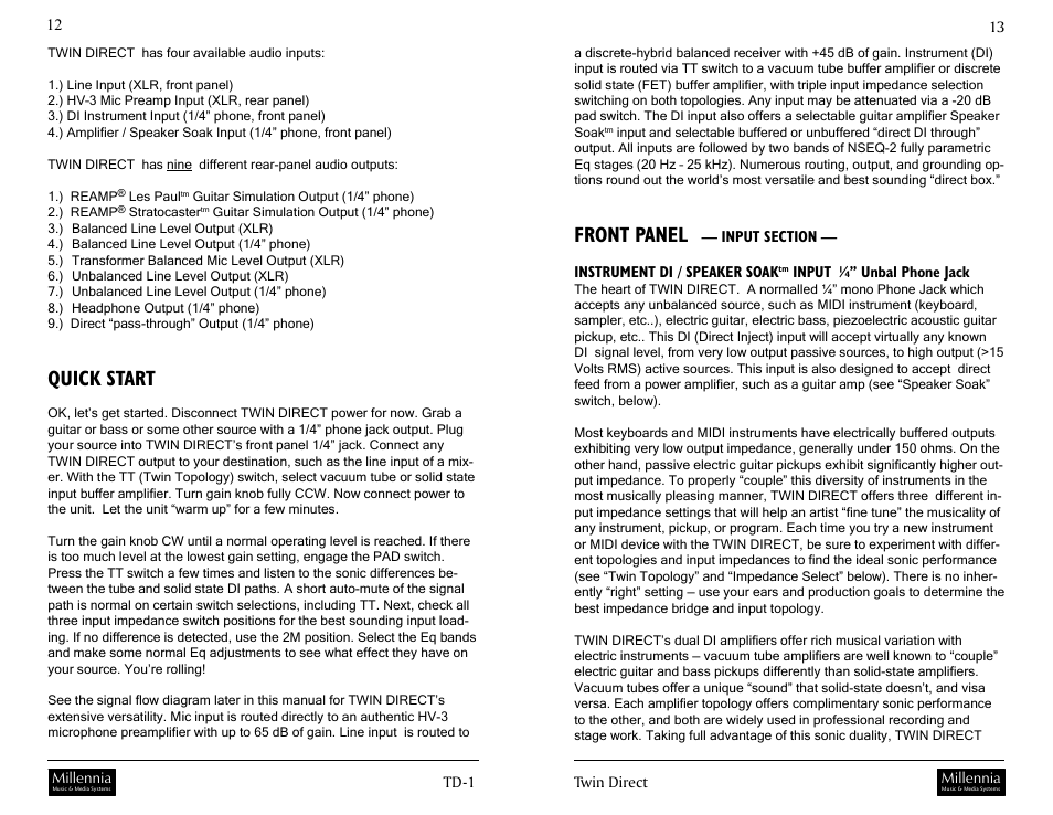 Front panel, Quick start | Millennia TD-1 Twin Topology Half Rack Recording Channel User Manual | Page 7 / 19