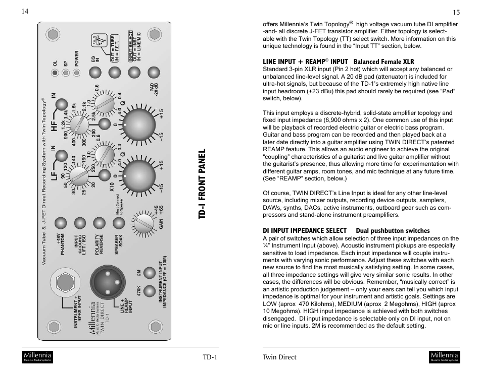 Td -1 front p anel | Millennia TD-1 Twin Topology Half Rack Recording Channel User Manual | Page 8 / 19