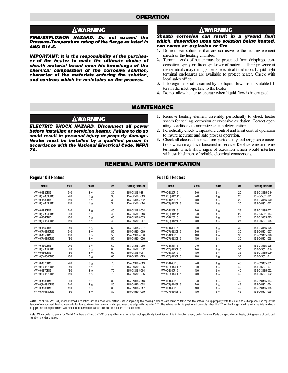 Renewal parts identification, Maintenance, Operation | Fuel oil heaters | Chromalox PE426-2 User Manual | Page 3 / 4