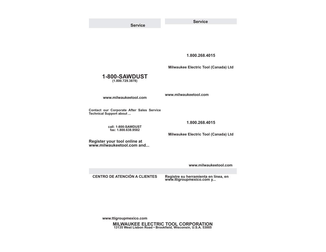 800-sawdust, United states, Canada | Mexico, Milwaukee electric tool corporation | Milwaukee Tool 2441-21 User Manual | Page 11 / 11