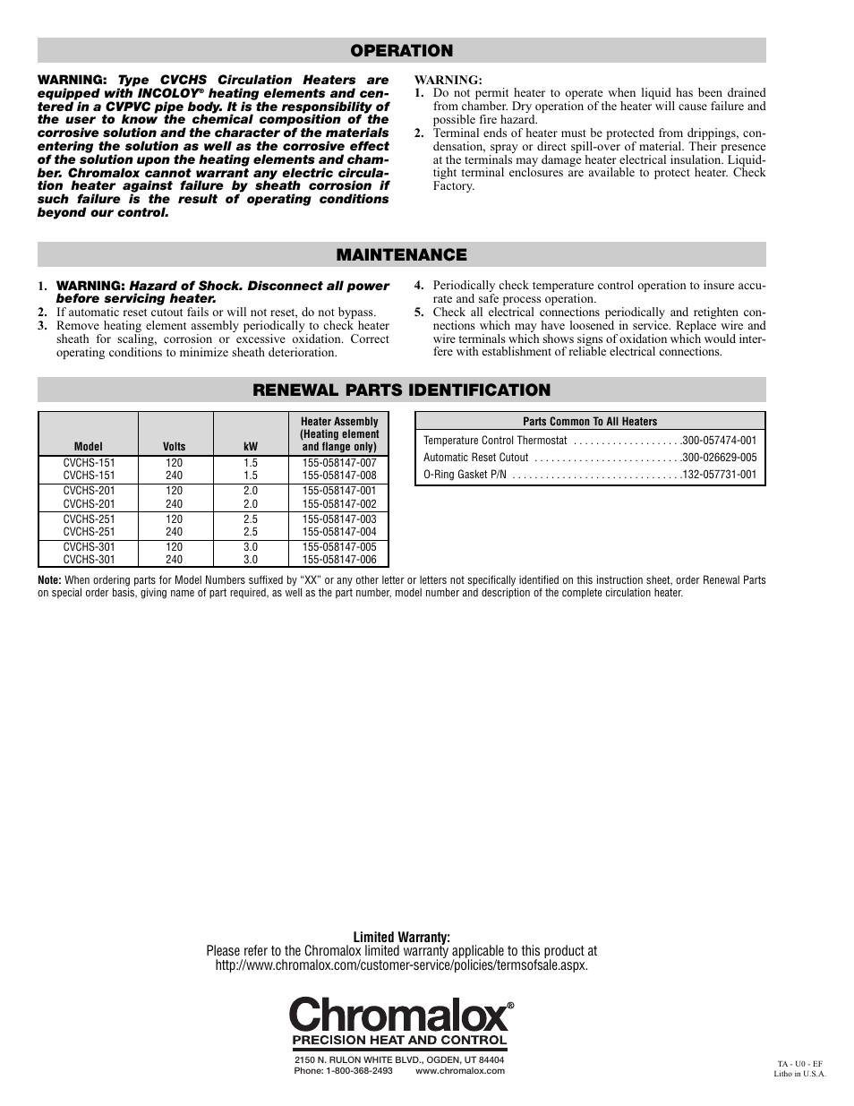 Operation maintenance renewal parts identification | Chromalox PE432-2 User Manual | Page 2 / 2