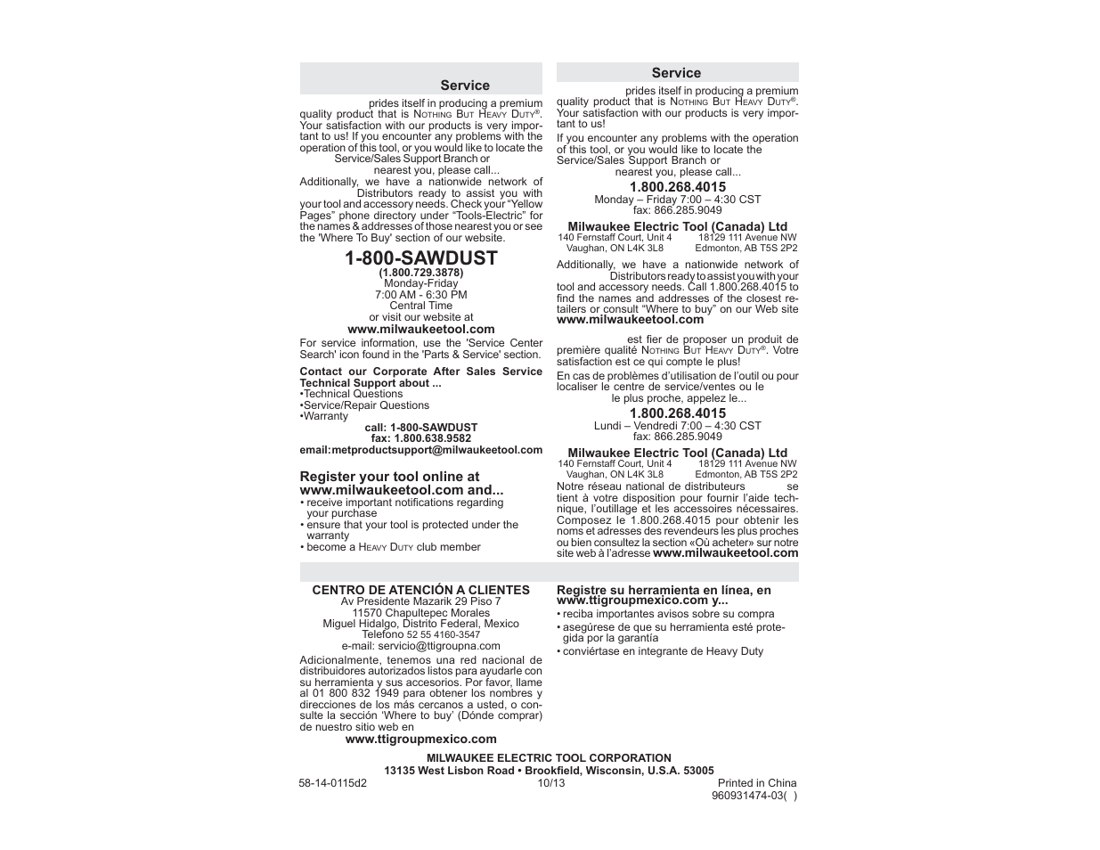 800-sawdust, United states, Canada | Mexico | Milwaukee Tool 0240-20 User Manual | Page 13 / 13