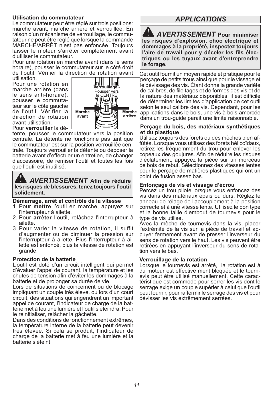 Avertissement, Applications | Milwaukee Tool 2415-20 User Manual | Page 11 / 20