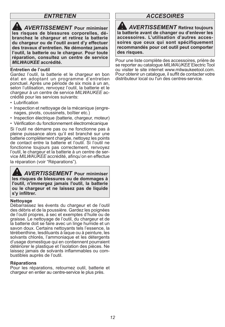 Entretien avertissement, Avertissement, Accesoires avertissement | Milwaukee Tool 2415-20 User Manual | Page 12 / 20