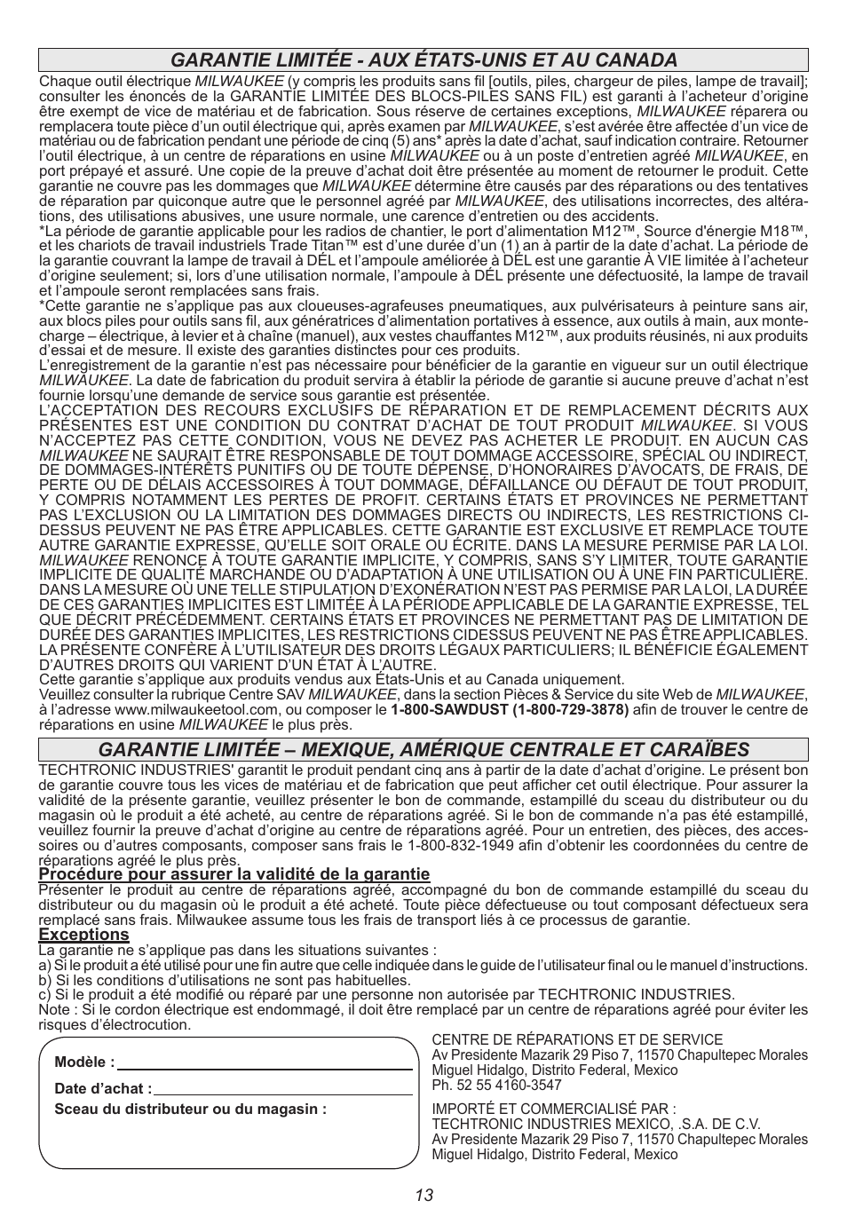 Garantie limitée - aux états-unis et au canada | Milwaukee Tool 2415-20 User Manual | Page 13 / 20