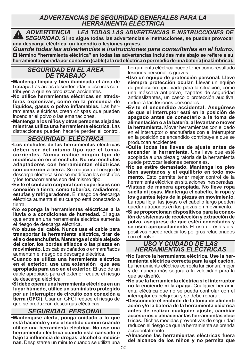 Seguridad personal advertencia, Uso y cuidado de las herramientas eléctricas | Milwaukee Tool 2415-20 User Manual | Page 14 / 20