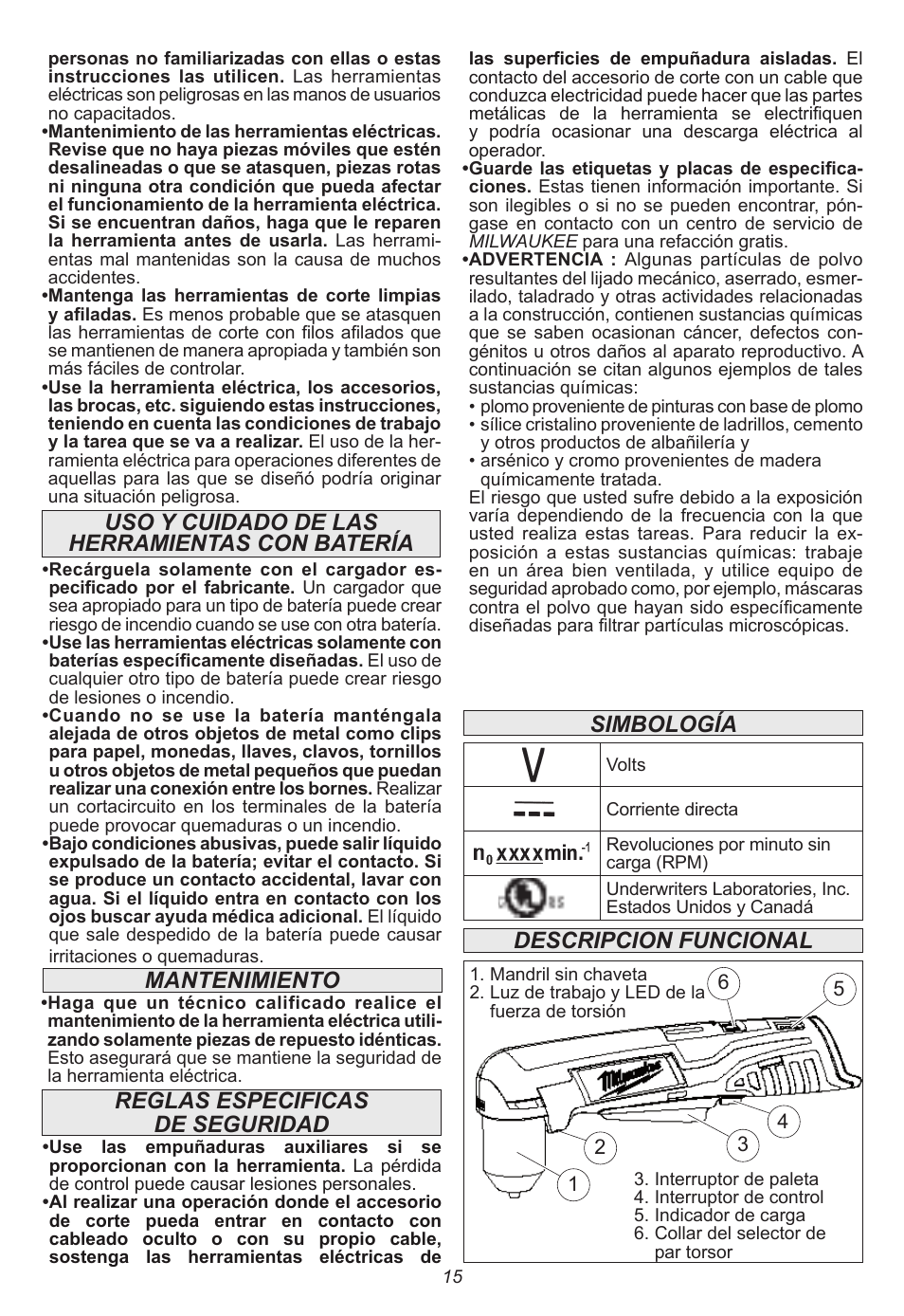 Simbología descripcion funcional, Mantenimiento reglas especificas de seguridad, Uso y cuidado de las herramientas con batería | Milwaukee Tool 2415-20 User Manual | Page 15 / 20