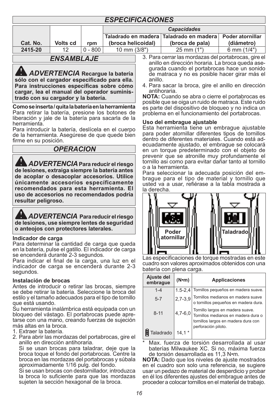 Especificaciones ensamblaje advertencia, Advertencia, Operacion advertencia | Milwaukee Tool 2415-20 User Manual | Page 16 / 20