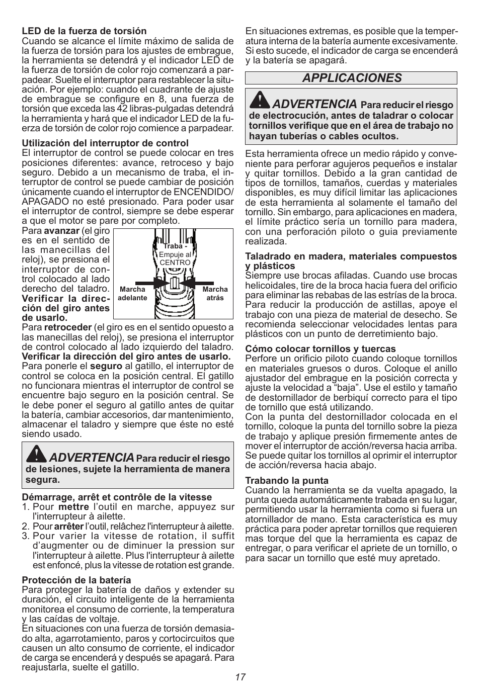 Applicaciones advertencia, Advertencia | Milwaukee Tool 2415-20 User Manual | Page 17 / 20