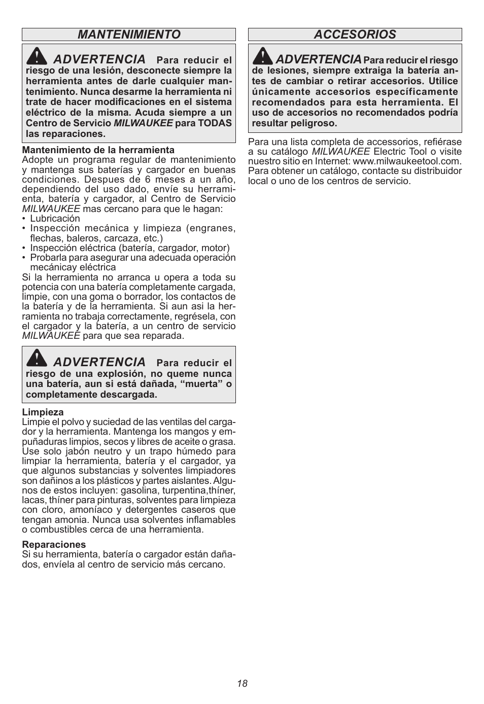 Mantenimiento advertencia, Advertencia, Accesorios advertencia | Milwaukee Tool 2415-20 User Manual | Page 18 / 20