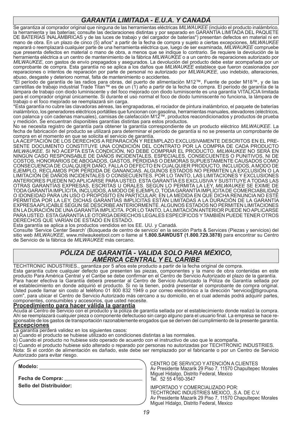 Garantía limitada - e.u.a. y canadá | Milwaukee Tool 2415-20 User Manual | Page 19 / 20