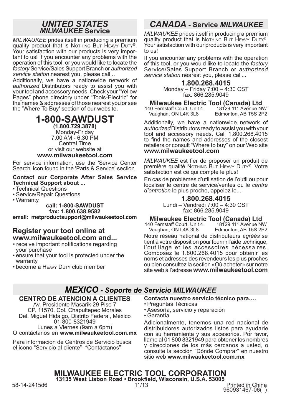 800-sawdust, United states, Canada | Mexico, Milwaukee electric tool corporation, Milwaukee service, Service milwaukee, Soporte de servicio milwaukee | Milwaukee Tool 2415-20 User Manual | Page 20 / 20