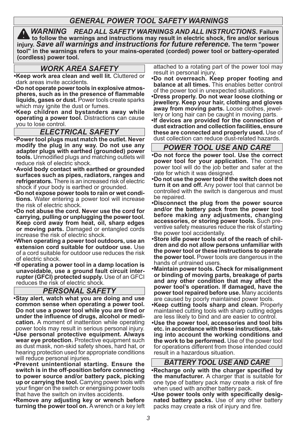 Warning, Power tool use and care, Battery tool use and care | Milwaukee Tool 2415-20 User Manual | Page 3 / 20