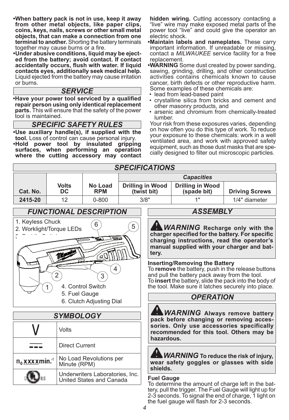 Functional description assembly warning, Operation warning, Warning | Symbology specifications, Service, Specific safety rules | Milwaukee Tool 2415-20 User Manual | Page 4 / 20