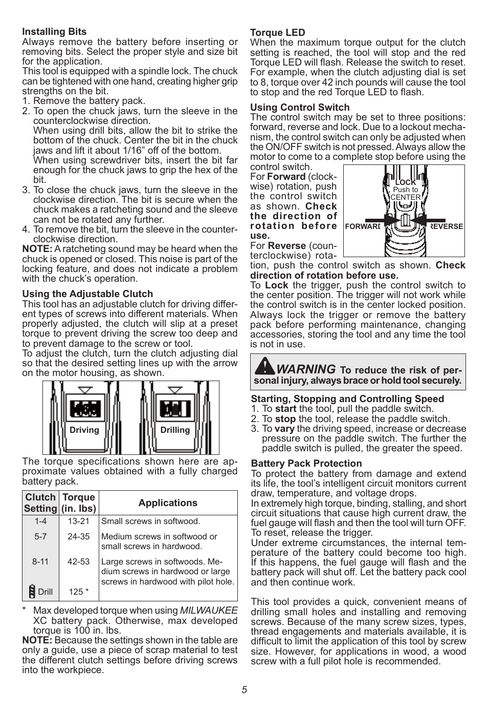 Warning | Milwaukee Tool 2415-20 User Manual | Page 5 / 20