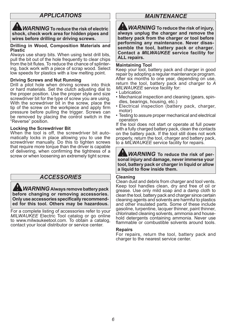 Applications warning, Accessories, Warning | Maintenance | Milwaukee Tool 2415-20 User Manual | Page 6 / 20