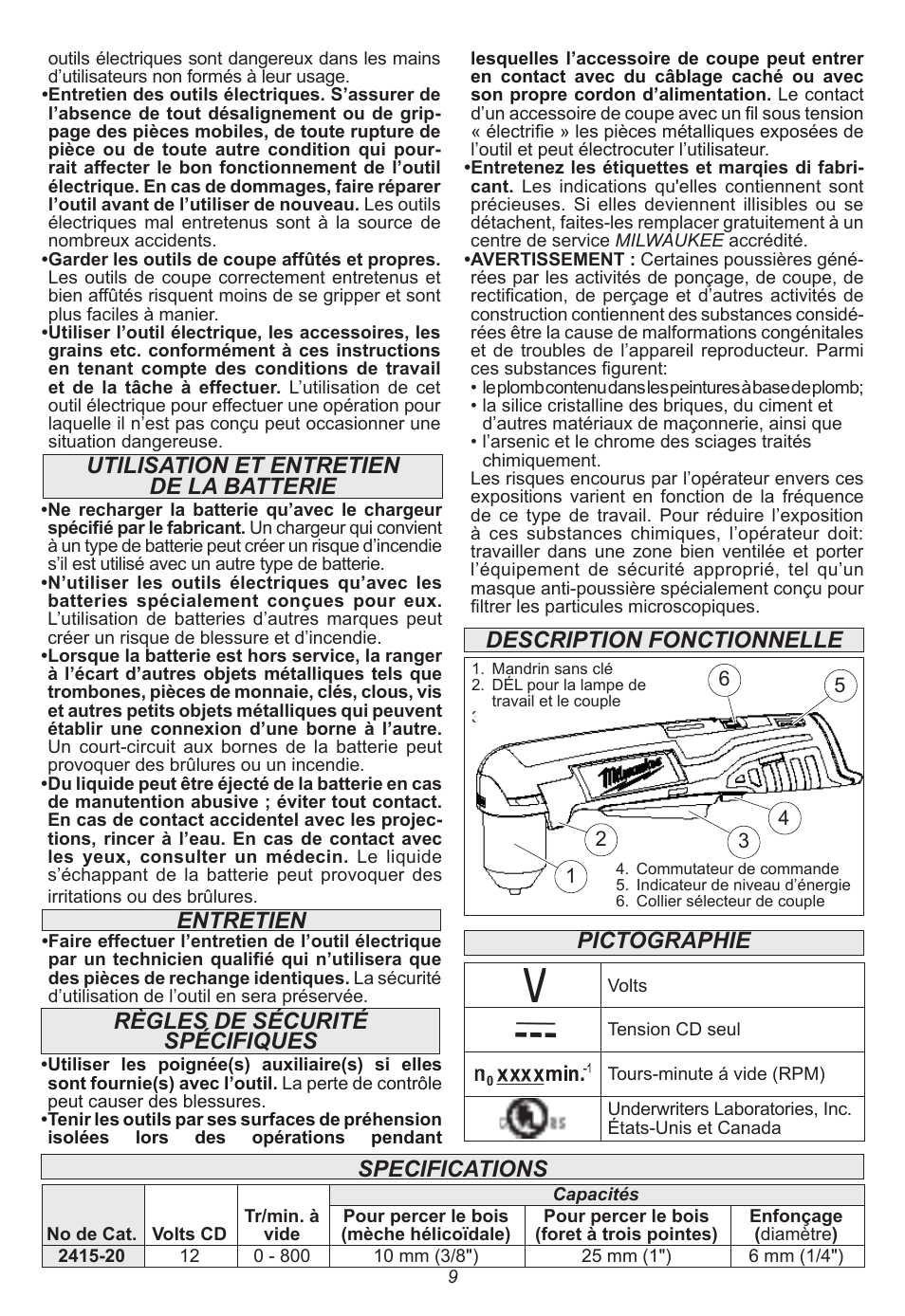 Règles de sécurité spécifiques, Entretien, Utilisation et entretien de la batterie | Milwaukee Tool 2415-20 User Manual | Page 9 / 20