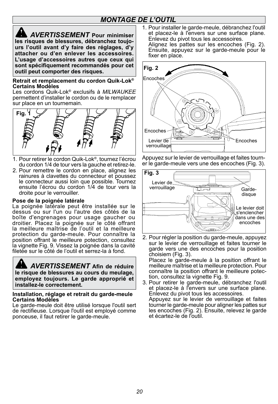 Montage de l’outil avertissement, Avertissement | Milwaukee Tool 6088-30 User Manual | Page 20 / 44