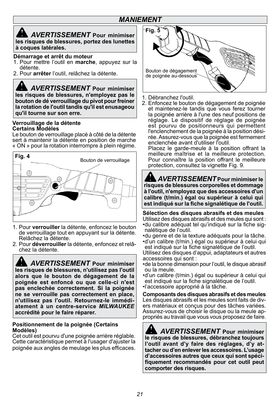 Avertissement, Maniement | Milwaukee Tool 6088-30 User Manual | Page 21 / 44