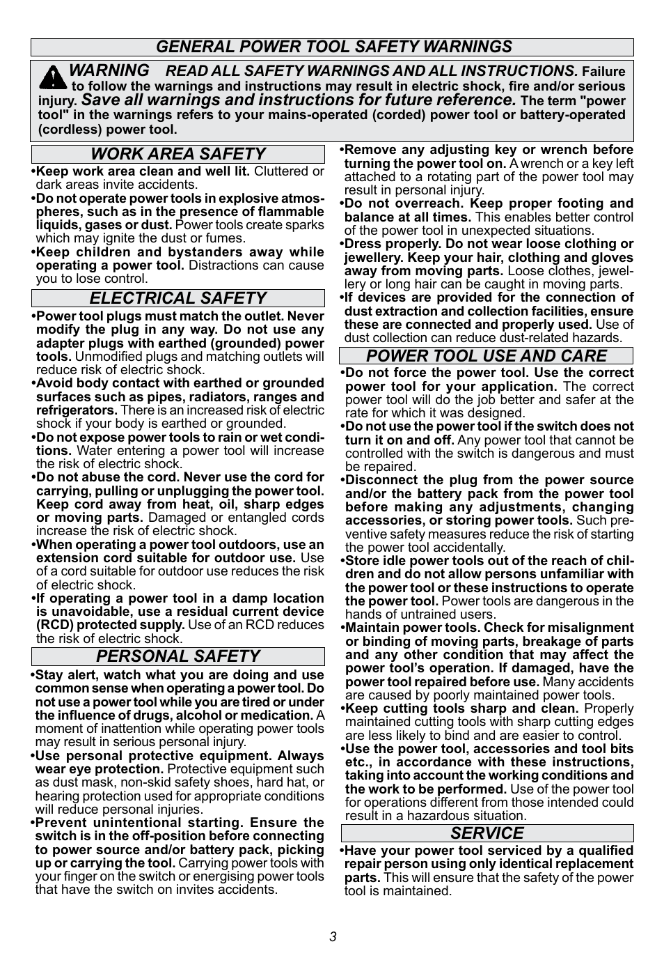 Warning, Power tool use and care, Service | Milwaukee Tool 6088-30 User Manual | Page 3 / 44