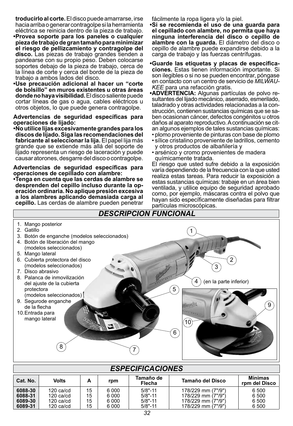 Descripcion funcional, Especificaciones | Milwaukee Tool 6088-30 User Manual | Page 32 / 44